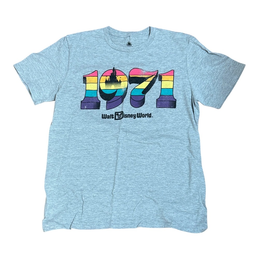 Disney Walt Disney World 1971 Retro Rainbow Castle Graphic Tee Gray Mens M - Picture 2 of 5
